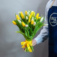 Бело-желтые тюльпаны под ленту