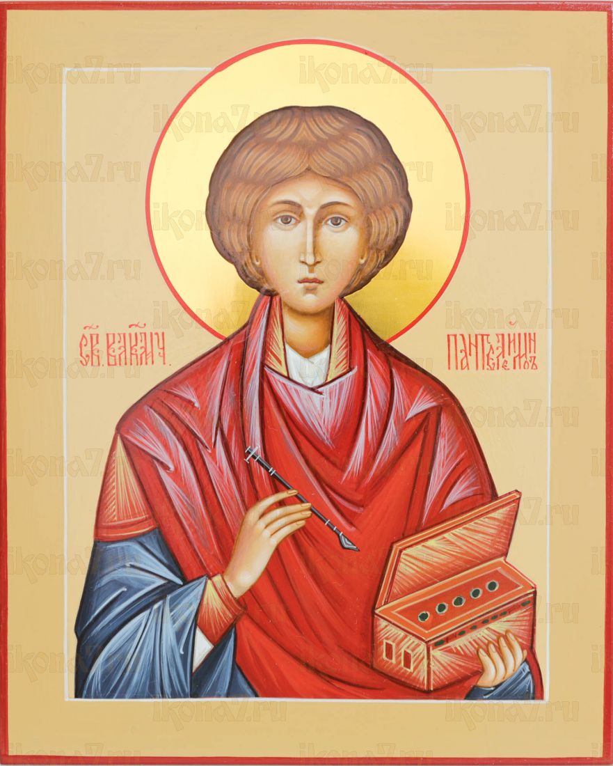 Пантелеймон Целитель 17х21 см (рукописная икона, нимб-сусальное золото)(Вариант 2)