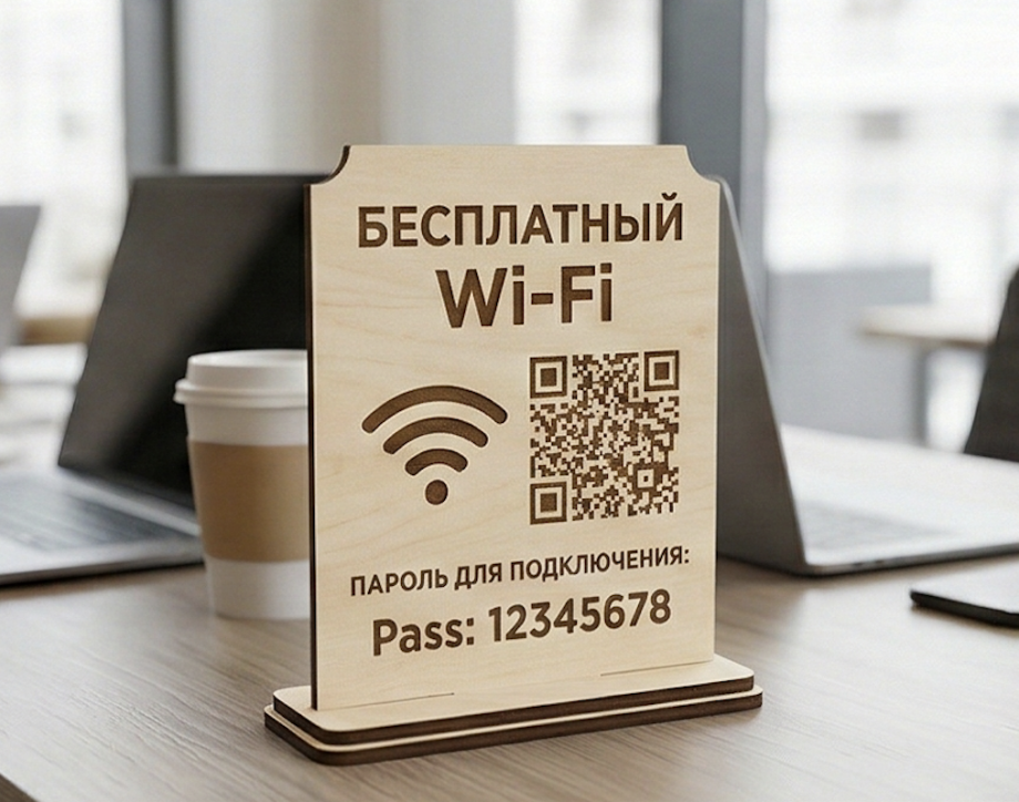 Табличка QR-Wi‑Fi + пароль на стол