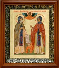 Икона Петр и Феврония Муромские в киоте с басмой Виноградная Лоза (UV-печать)(30748)