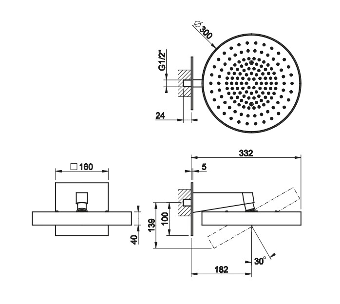 Верхний душ Gessi Incastri 63049 настенный короткий кронштейн ФОТО