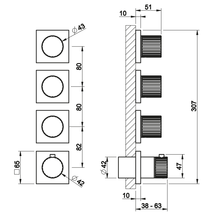 Смеситель для душа Gessi Incastri 75336 с термостатом на 3 запорных вентиля горизонтальная установка ФОТО