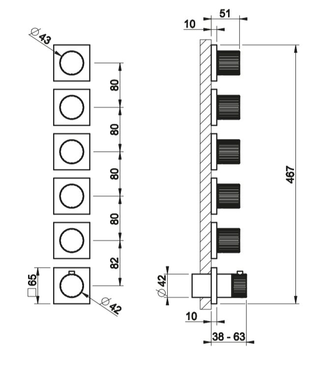 Смеситель для душа Gessi Incastri 75340 с термостатом на 5 запорных вентилей горизонтальная установка ФОТО