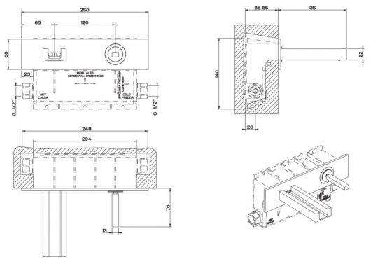 Смеситель для раковины Gessi Rettangolo Cascata с каскадным изливом схема 2