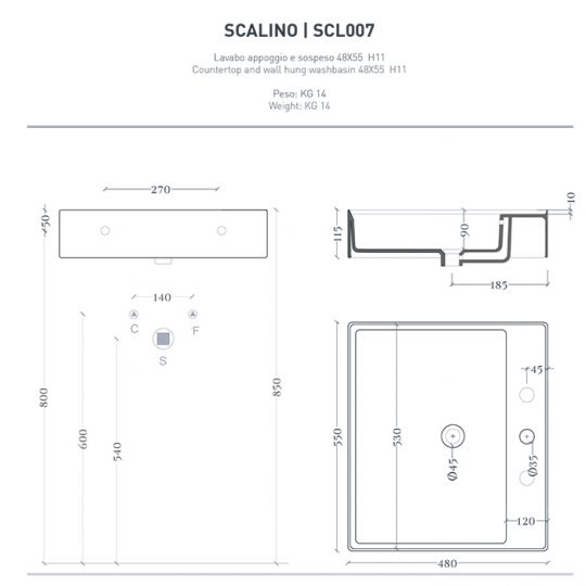 Раковина Artceram Scalino 550х480 мм накладная отверстие для смесителя без перелива SCL007 схема 2