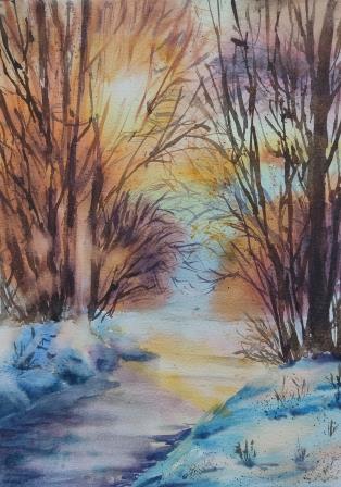 Акварель "Яркий лес зимой"