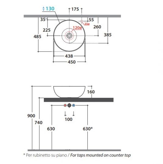 Накладная раковина Globo T-Edge B6T45 45 х 45 схема 2 Накладная раковина Globo T-Edge B6T45 45 х 45 схема 2