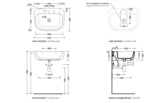 Подвесная раковина Flaminia Mono 64 Countertop Basin 64х49 схема 3