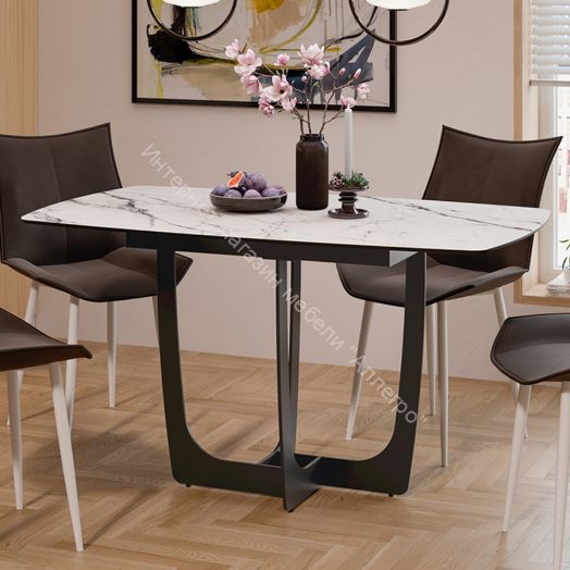 Стол обеденный «Орфей» Черный муар, Стекло глянцевое белый мрамор