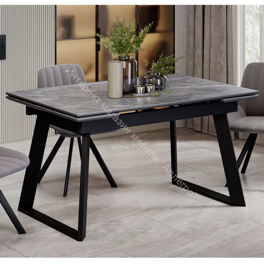 Стол обеденный раздвижной «Стоун» Тип 1 Черный муар, Керамика матовая серый мрамор