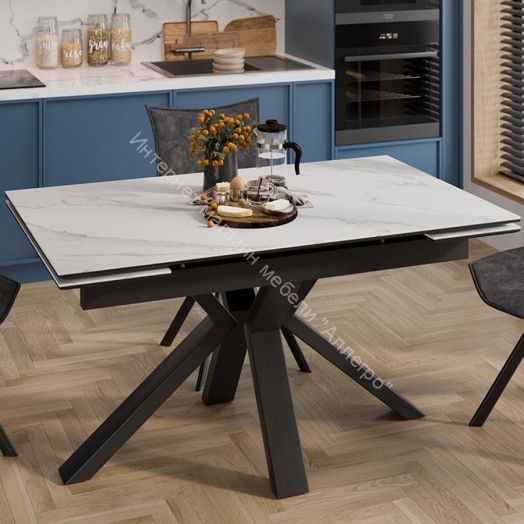 Стол обеденный "Дерби" Тип 1 Черный муар, Керамика матовая белый мрамор