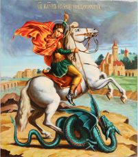 Рукописная икона Чудо Георгия Победоносца о Змие 27х31см (Масло, академический стиль)