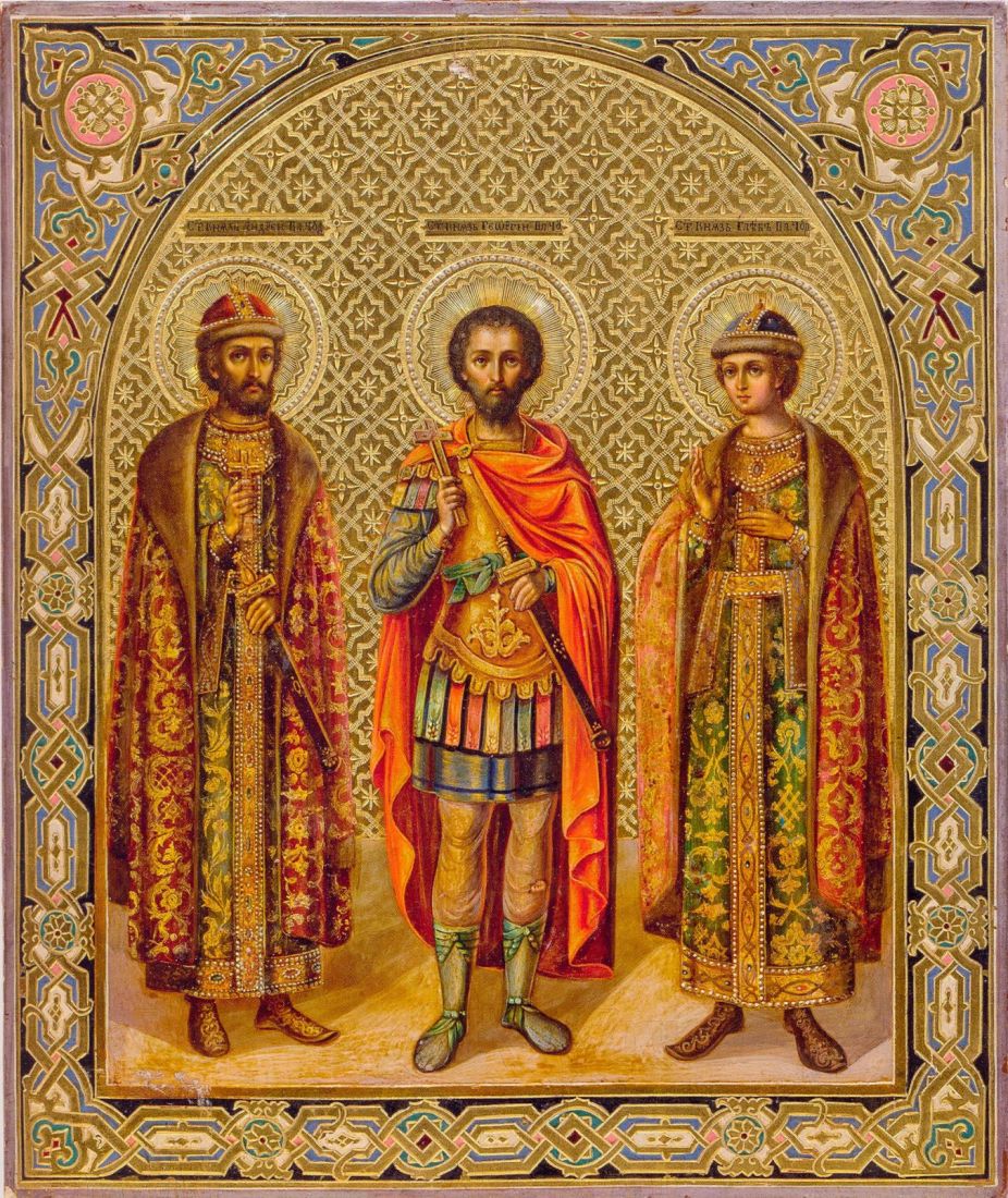 Рукописная Икона Андрей Боголюбский, Георгий Всеволодович, Глеб Андреевич, князья Владимирские на липовой доске (ктг9-22112)