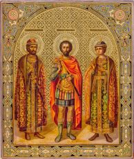 Рукописная Икона Андрей Боголюбский, Георгий Всеволодович, Глеб Андреевич, князья Владимирские на липовой доске (ктг9-22112)