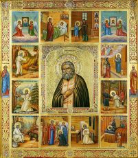 Рукописная икона Серафим Саровский с житием на липовой доске (ктг8-22212)