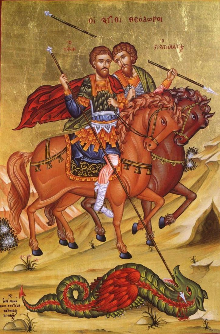 Рукописная икона Феодор Стратилат и Феодор Тирон на липовой доске (ктг6-22246)