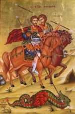 Рукописная икона Феодор Стратилат и Феодор Тирон на липовой доске (ктг6-22246)