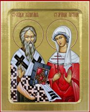 Рукописная икона Иустина и Киприан на липовой доске (22475)