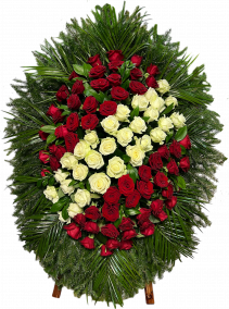 Фото Ритуальный венок из живых цветов # 51 розы, робелини, натуральная хвоя.