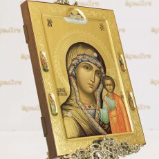 Казанская рукописная икона Богородицы 30х40см с предстоящими (Палех)(сус. золото, чеканка, ковчег)