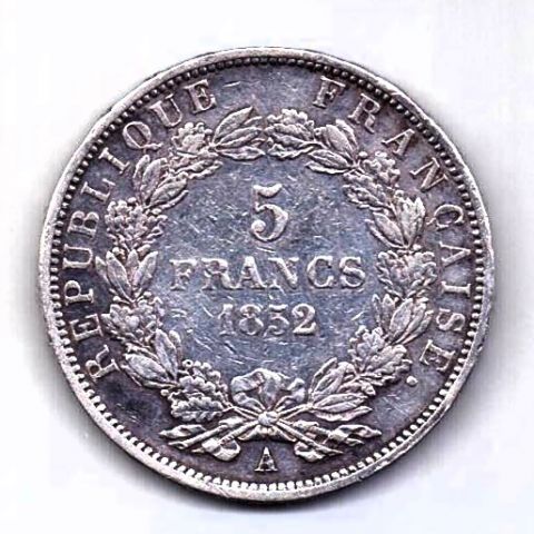 5 франков 1852 Франция Наполеон Луи Бонапарт AUNC-XF