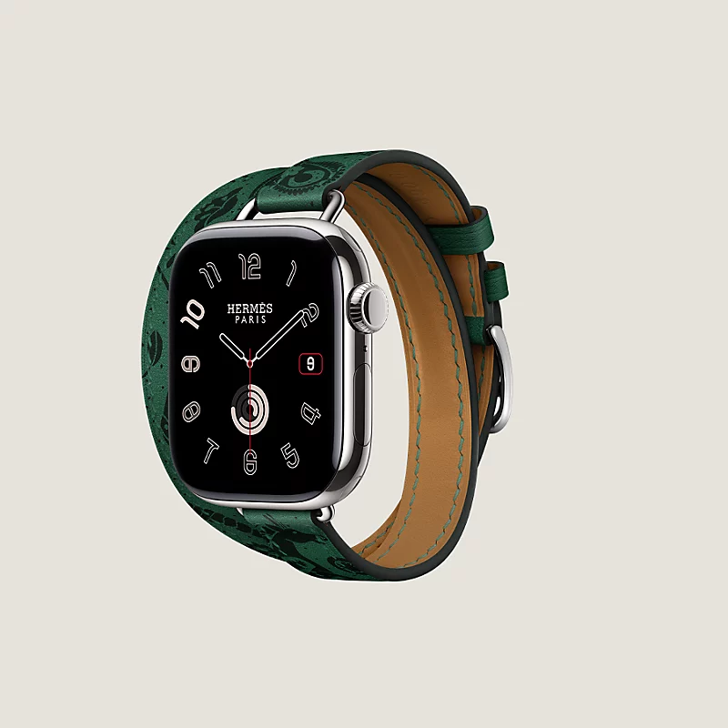 Часы Apple Watch Hermès Series 11 GPS + Cellular 42mm Silver Titanium Case with Vert Moyen Animaux Bandana Attelage Double Tour