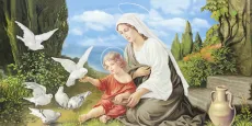 Богородица и голуби икона печатная (холст на дереве)