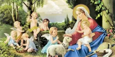 Богородица и ангелы икона печатная (холст на дереве)