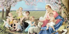 Богородица и ангелы икона печатная (холст на дереве)