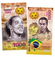 1000 Reais (реалов) Бразилия — Рональдиньо. Легенды футбола (Ronaldo de Assis Moreira. Brasil). UNСB​ Памятная банкнота. Msh Oz WB
