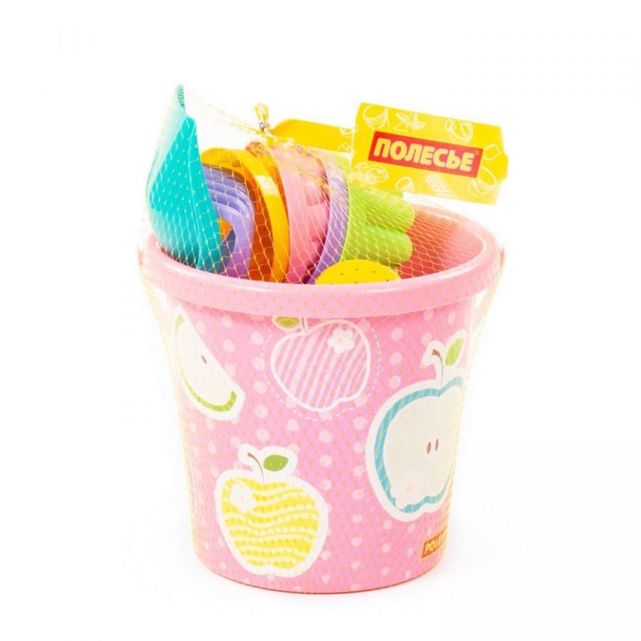 Набор №321: ведро с наклейкой, лопатка №5, грабельки №5, 4 формочки, лейка малая №4