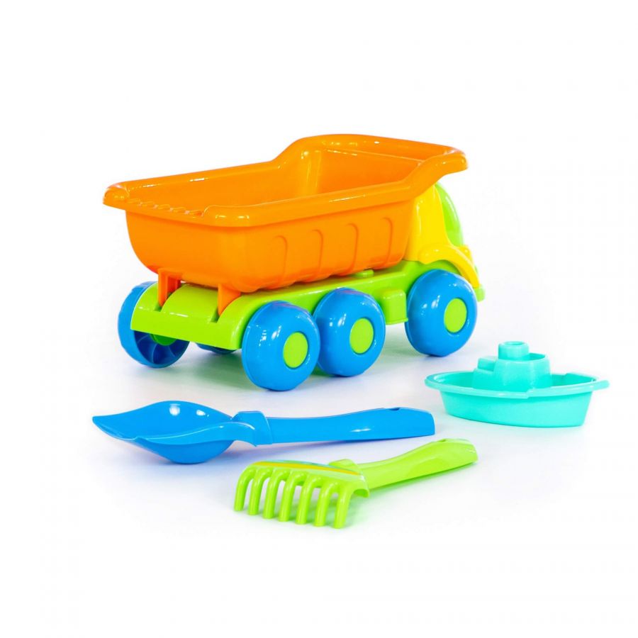 Набор №267: "Кеша", автомобиль-самосвал + лопатка №5, грабельки №5, кораблик "Юнга"