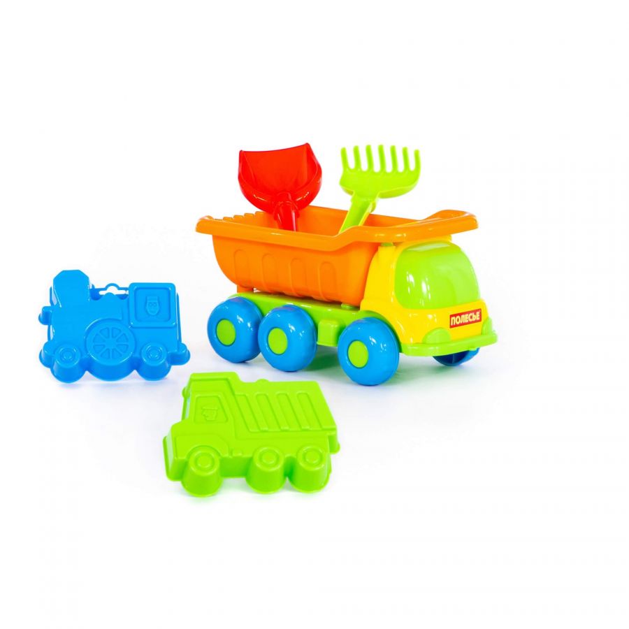 Набор №269: "Кеша", автомобиль-самосвал + лопатка №5, грабельки №5, формочки (самосвал + паровоз)