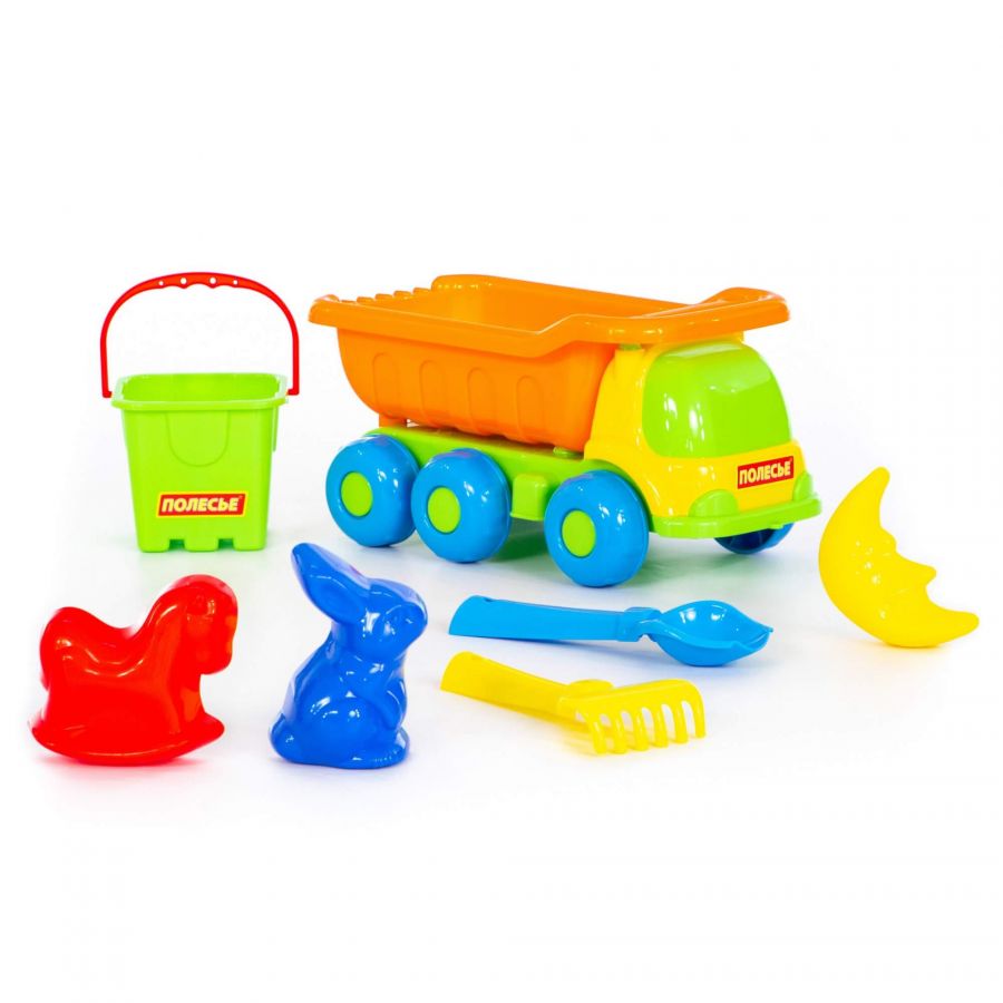 Набор №270: "Кеша", автомобиль-самосвал + ведро-крепость малое, совок №2, грабельки №2, формочки (заяц + лошадка + месяц)
