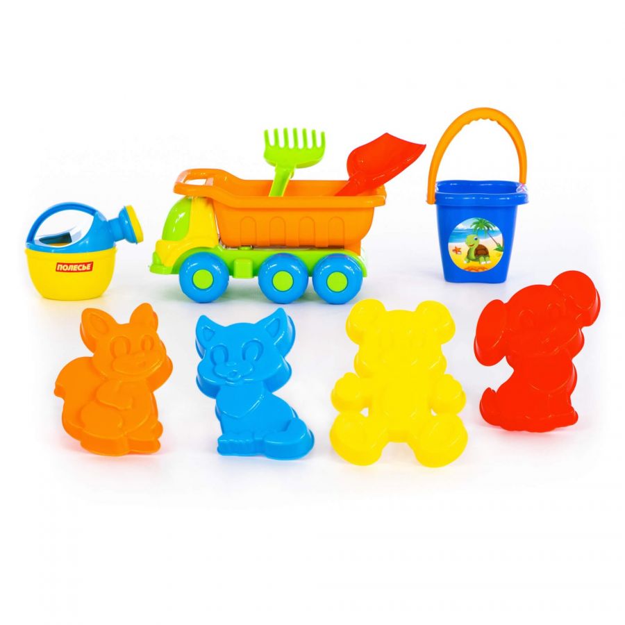 Набор №273 (в рюкзаке): "Кеша", автомобиль-самосвал + ведро-цветок среднее, лопатка №5, грабельки №5, формочки 4 шт, лейка малая №4