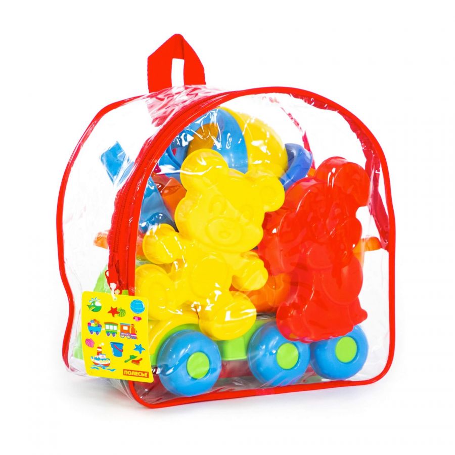 Набор №273 (в рюкзаке): "Кеша", автомобиль-самосвал + ведро-цветок среднее, лопатка №5, грабельки №5, формочки 4 шт, лейка малая №4