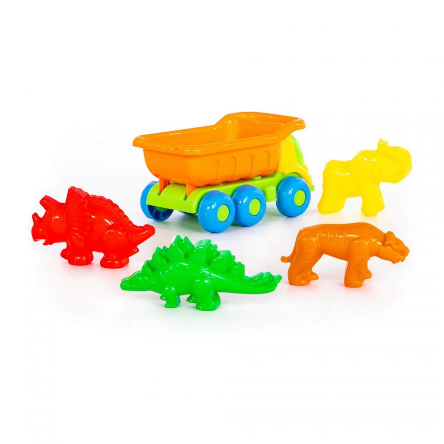 Набор №572: "Кеша", автомобиль-самосвал + формочки (тигр + мамонт + динозавр №1 + динозавр №2)