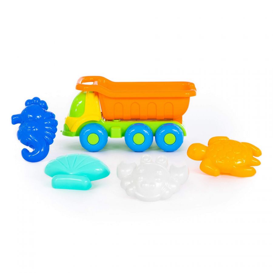 Набор №573: "Кеша", автомобиль-самосвал + формочки (краб №2 + морской конёк + ракушка №2 + черепаха)