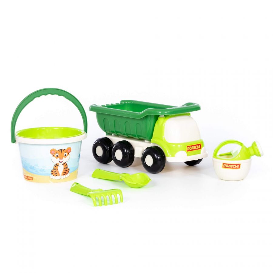 Набор №640 сафари: "Кеша", автомобиль-самосвал + ведро среднее с наклейкой, ситечко, совок №2, грабельки №2, лейка малая №3 (в сеточке)