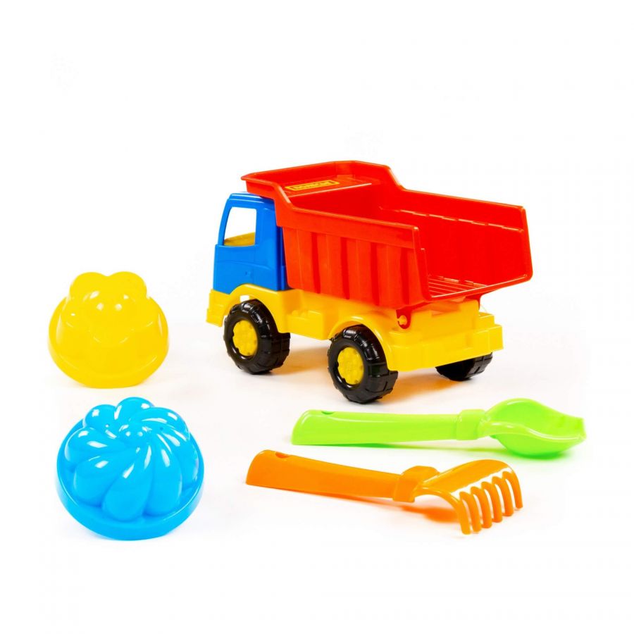 Набор №189: "Салют", автомобиль-самосвал + совок №2, грабельки №2, 2 формочки