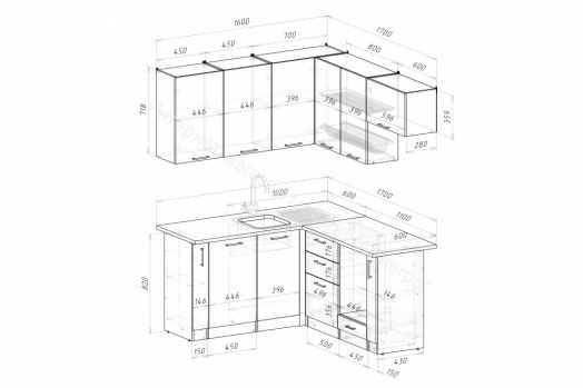Кухонный гарнитур Глория мега прайм 2 1600х1700 мм (ПМ+СДШ)