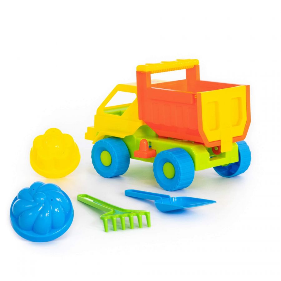 Набор №12: "Кузя", автомобиль-самосвал + лопатка, грабельки, 2 формочки