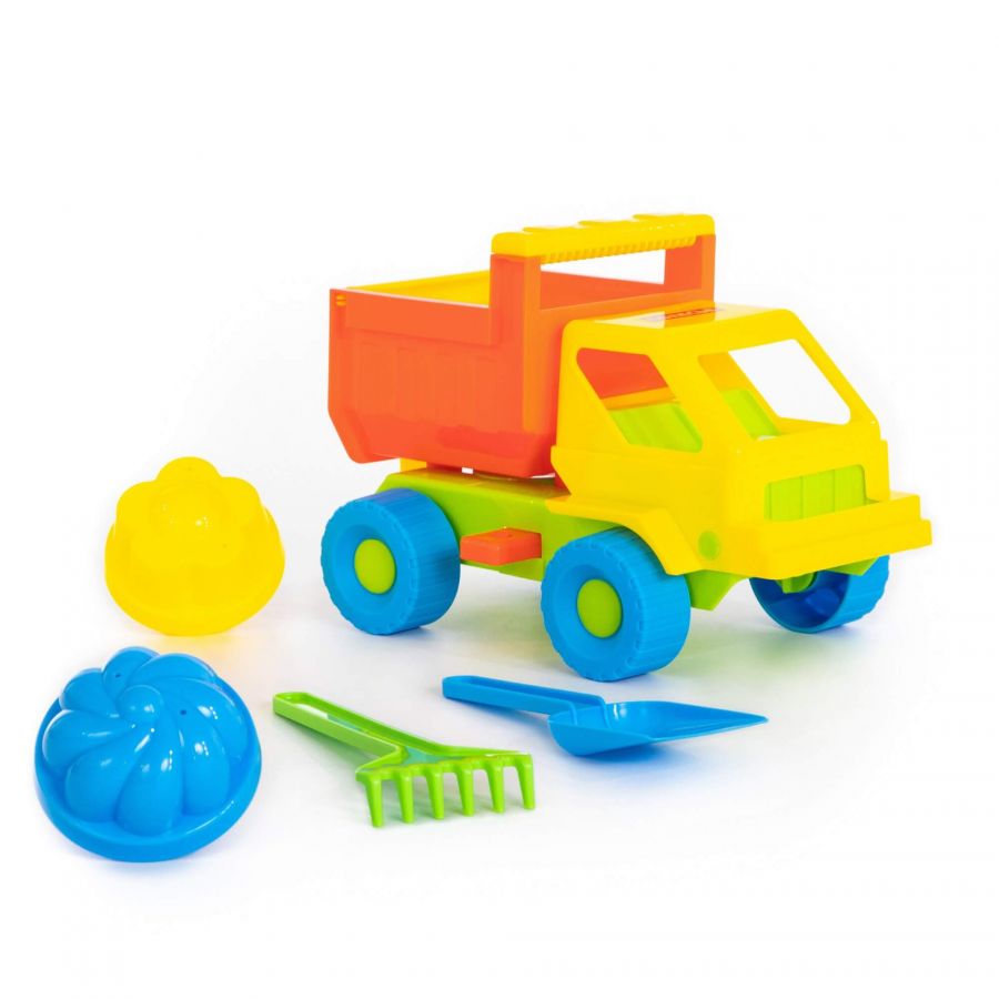 Набор №12: "Кузя", автомобиль-самосвал + лопатка, грабельки, 2 формочки