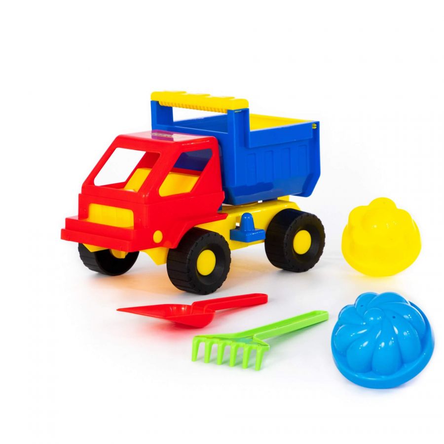 Набор №12: "Кузя", автомобиль-самосвал + лопатка, грабельки, 2 формочки