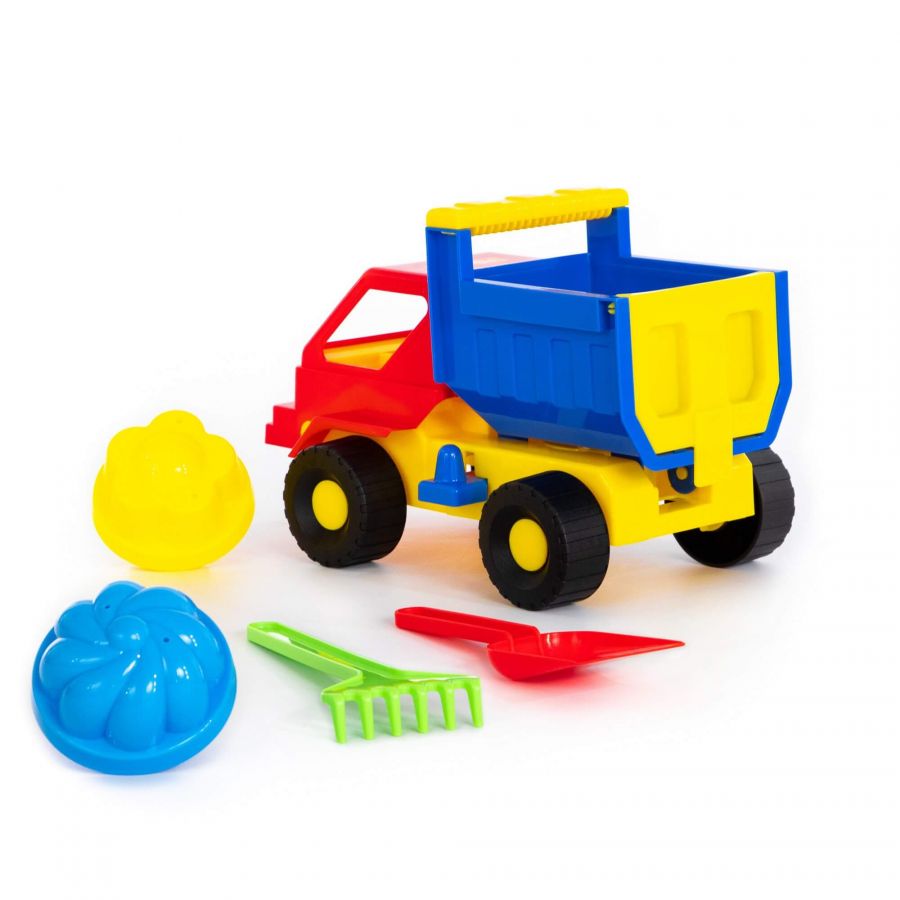 Набор №12: "Кузя", автомобиль-самосвал + лопатка, грабельки, 2 формочки