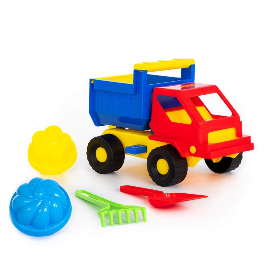 Набор №12: "Кузя", автомобиль-самосвал + лопатка, грабельки, 2 формочки