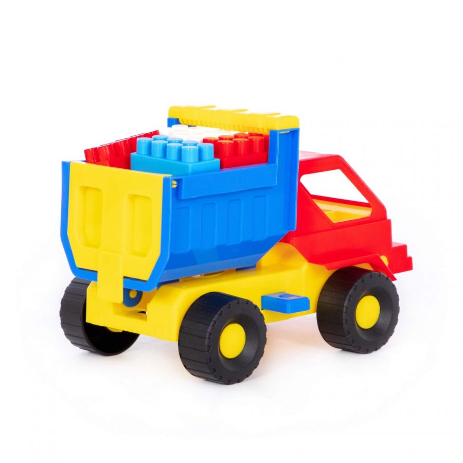 Набор №15: "Кузя", автомобиль-самосвал + конструктор "Строитель" (12 элементов)