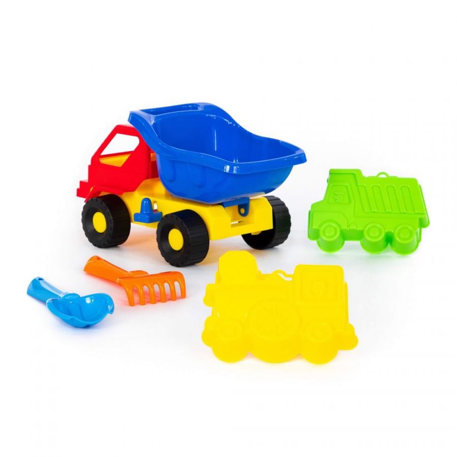 Набор №41: "Кузя-2", автомобиль-самосвал + совок №2, грабельки №2, формочки (самосвал + паровоз)