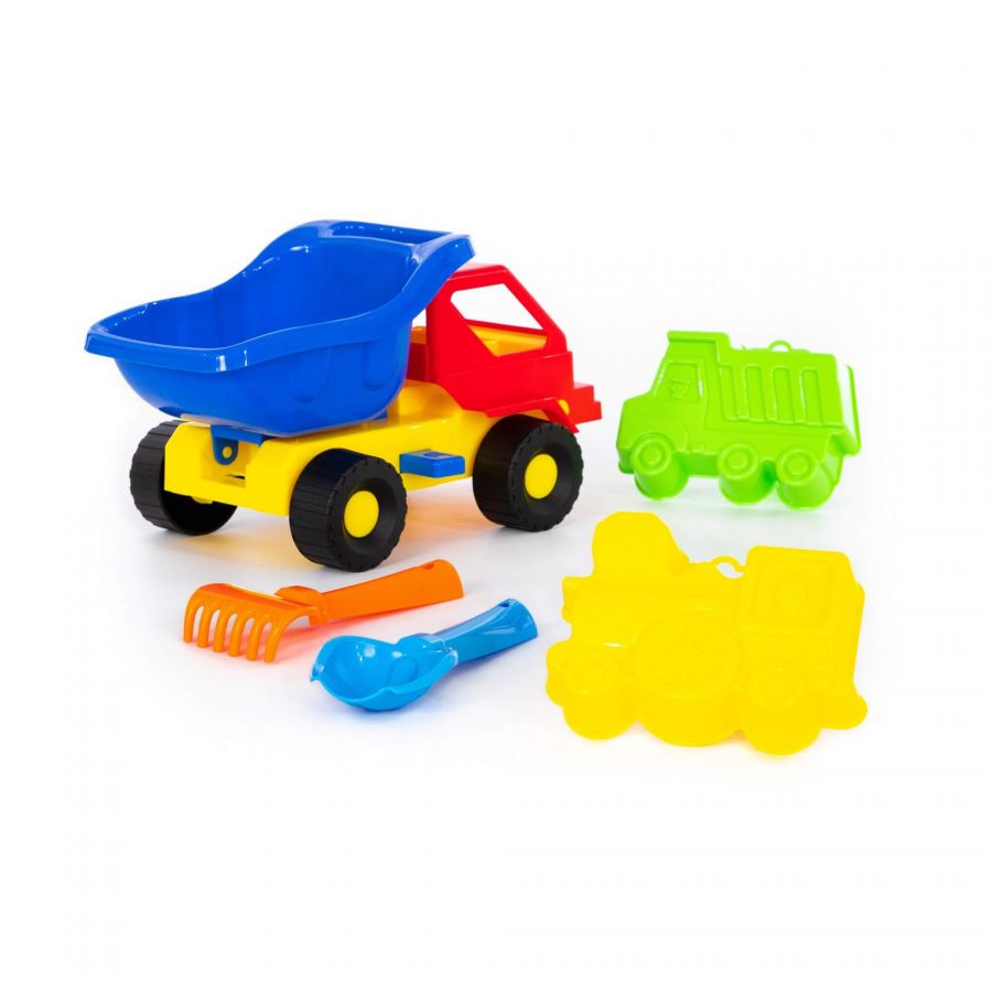 Набор №41: "Кузя-2", автомобиль-самосвал + совок №2, грабельки №2, формочки (самосвал + паровоз)