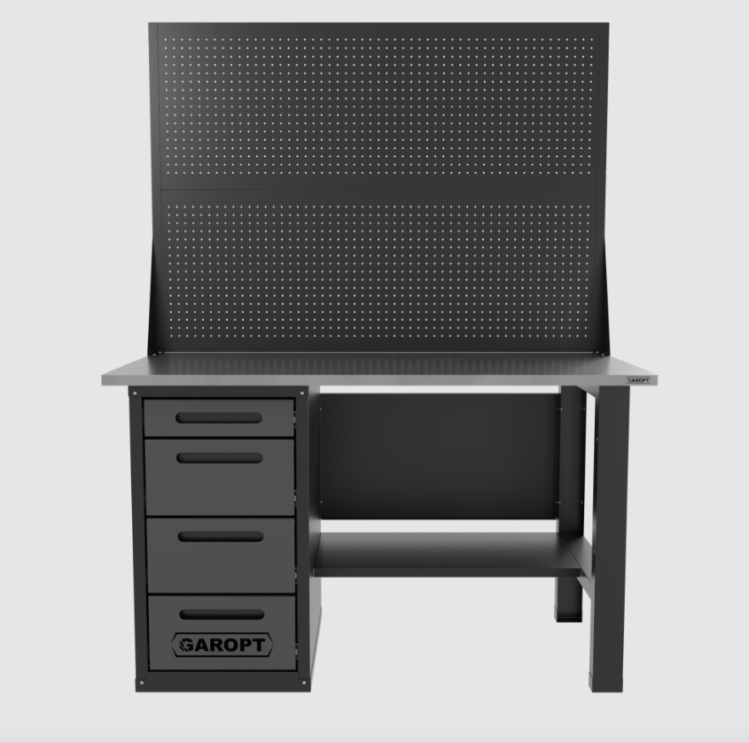 Верстак однотумбовыи 4 ящика с двумя экранами, серый 1400*700 Garopt, GT1400STY4PP2.grey